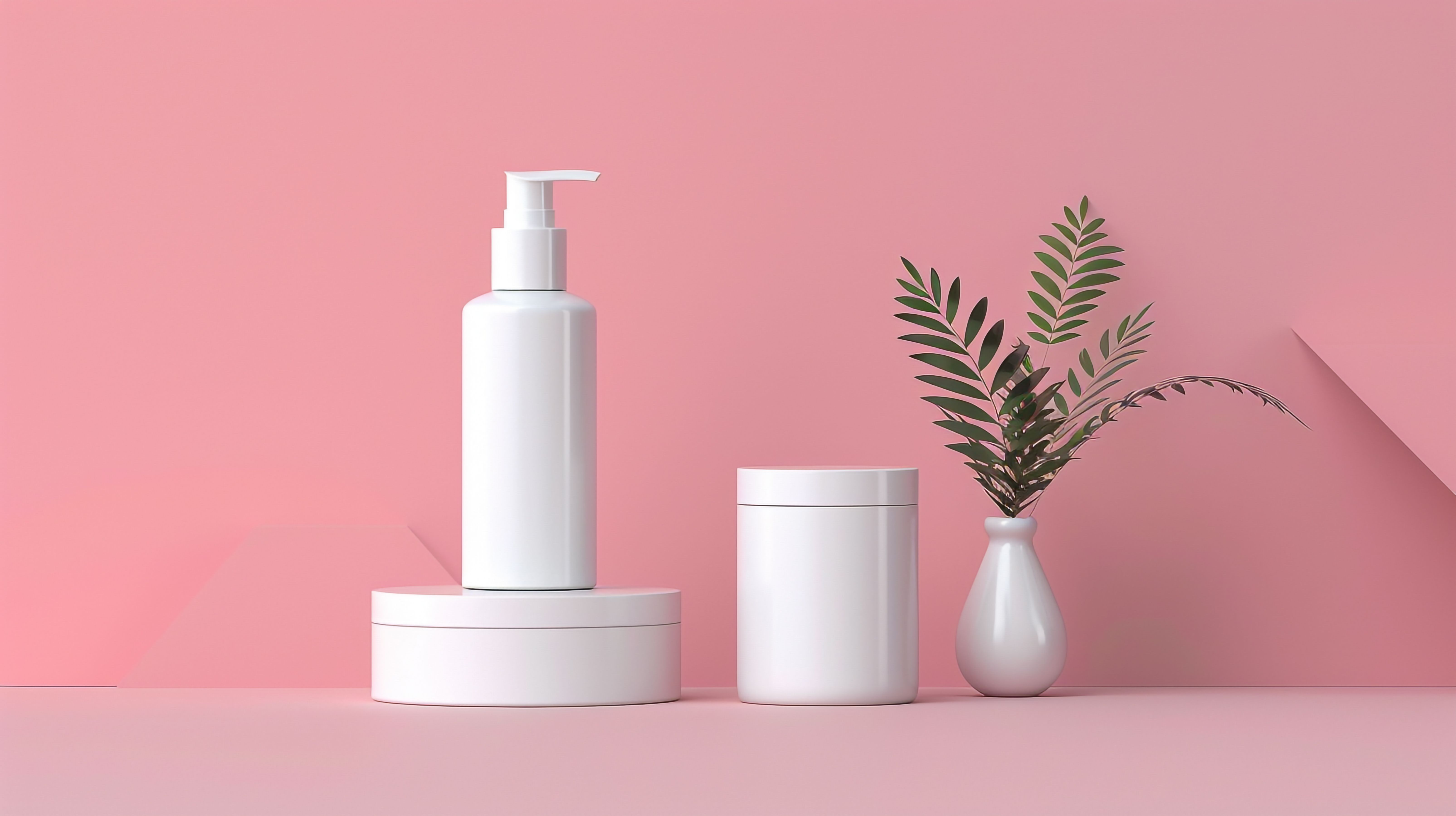 Skincare bottles and jars styled on a shelf with a plant