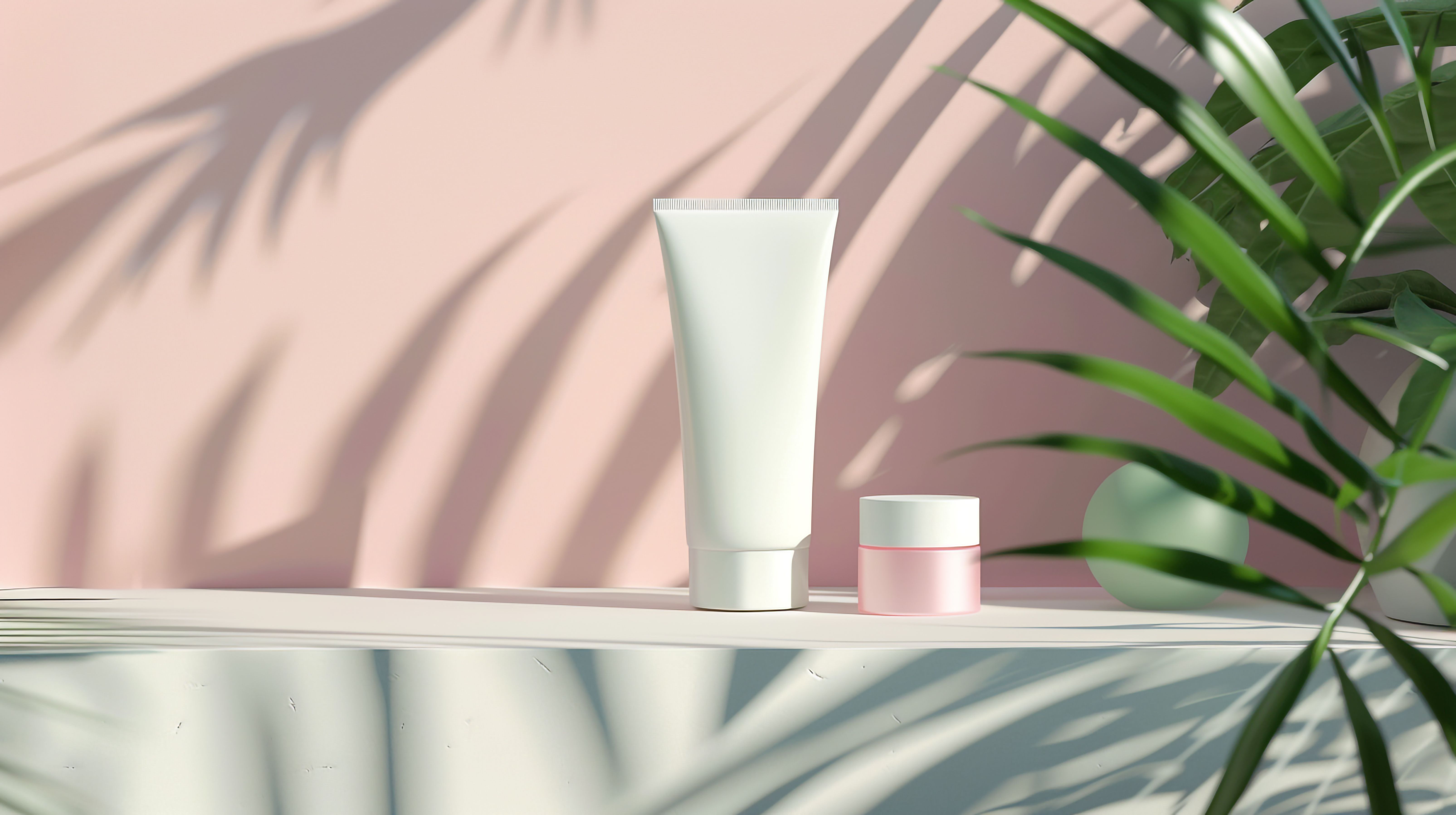 Skincare bottles styled with dried palm leaves on a warm background