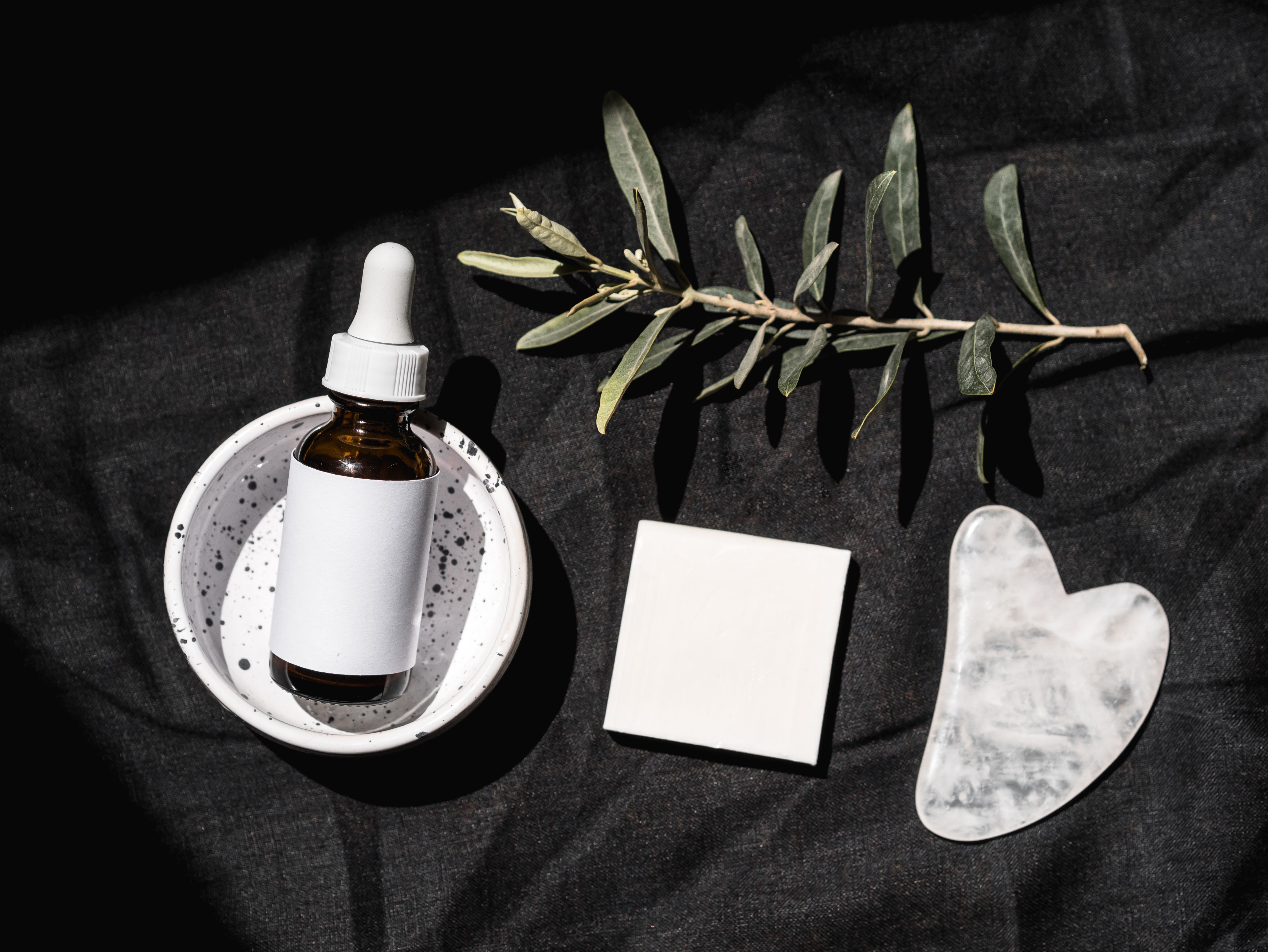 Serum bottle, soap bar and gua sha tool styled with an olive branch